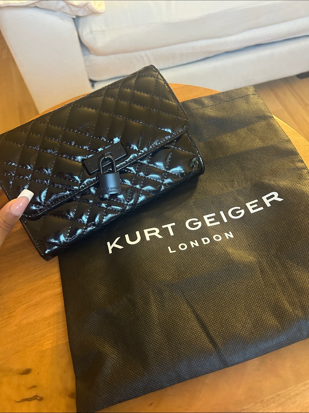 Kurt Geiger Black Patent Quilted Leather Wallet Crossbody Clutch